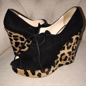 PRADA leopard suede lace up platform wedge Sz 39
